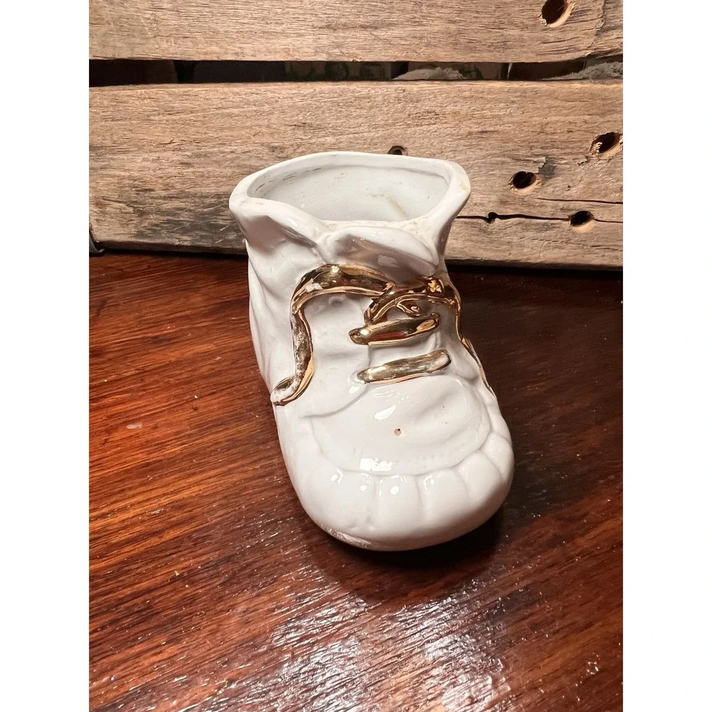 White Vintage Baby Shoe Planter Gold accents Ceramic Succulent‎ Nursery Baby